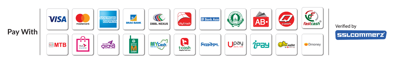 Accepted payment methods — Visa, Mastercard, American Express, bKash, Rocket and more, verified by SSLCommerz